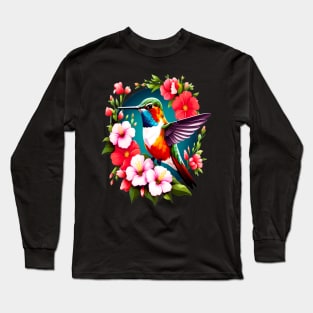 Cute Ruby Throated Hummingbird Surrounded by Spring Flowers Long Sleeve T-Shirt